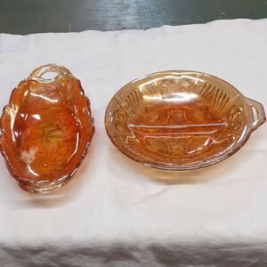 Set of 2 Vintage amber iridescent marigold carnival Indiana glass candy/relish